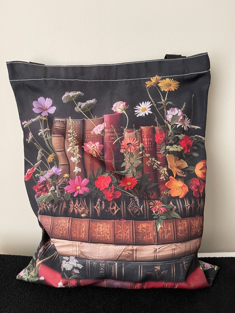 NWOT..Floral Vintage Books Canvas Tote Bag in Black - Picture 2 of 7